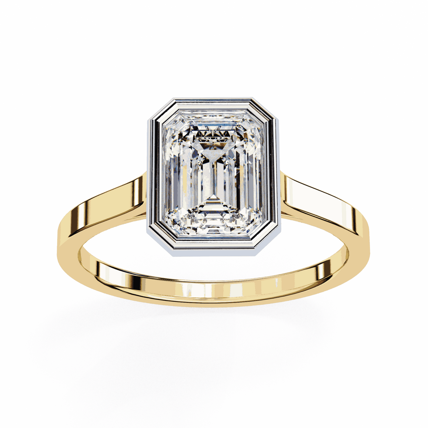 Emerald Cut Lab Grown Diamond Bezel Engagement Ring with Stepped Frame Detail