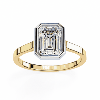 Emerald Cut Lab Grown Diamond Bezel Engagement Ring with Stepped Frame Detail