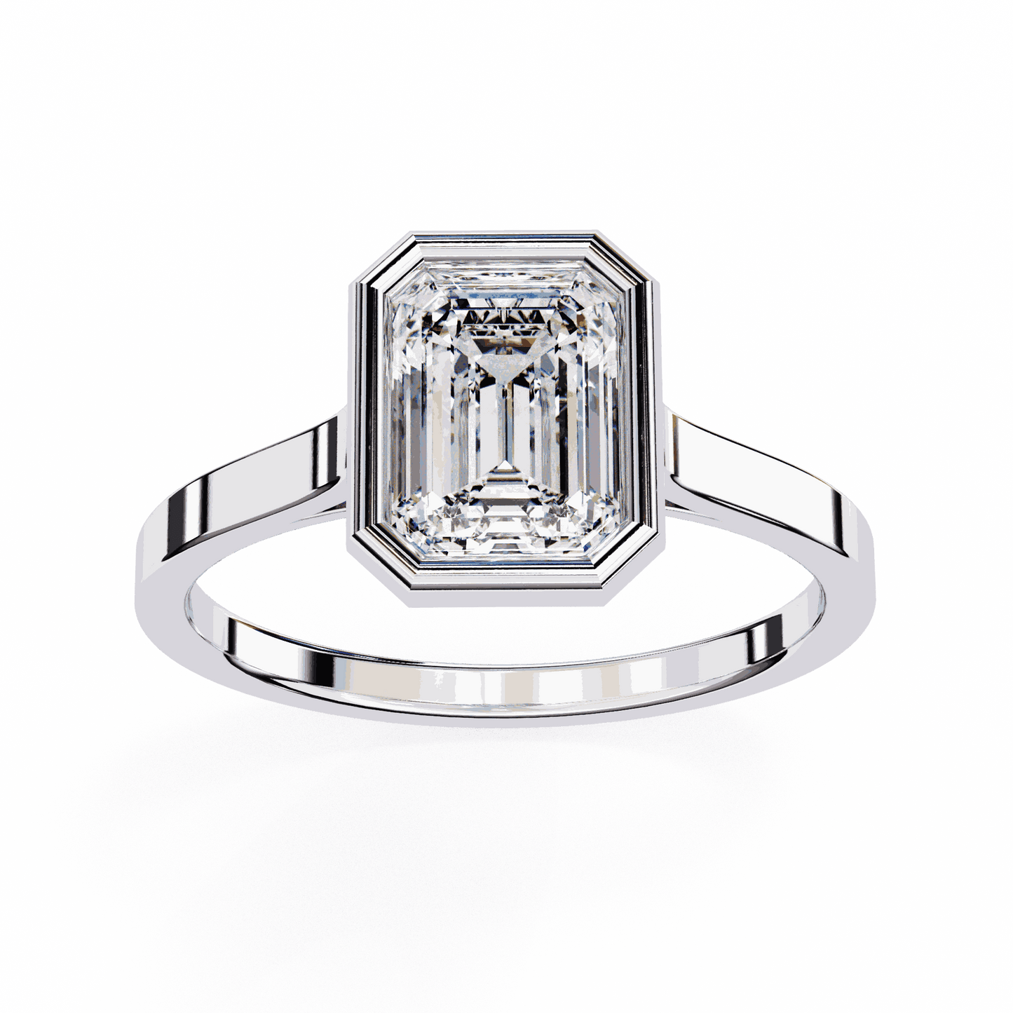 Emerald Cut Lab Grown Diamond Bezel Engagement Ring with Stepped Frame Detail