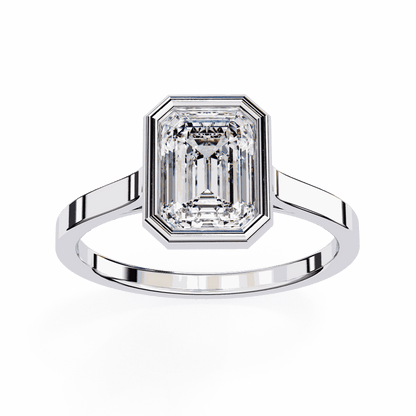 Emerald Cut Lab Grown Diamond Bezel Engagement Ring with Stepped Frame Detail