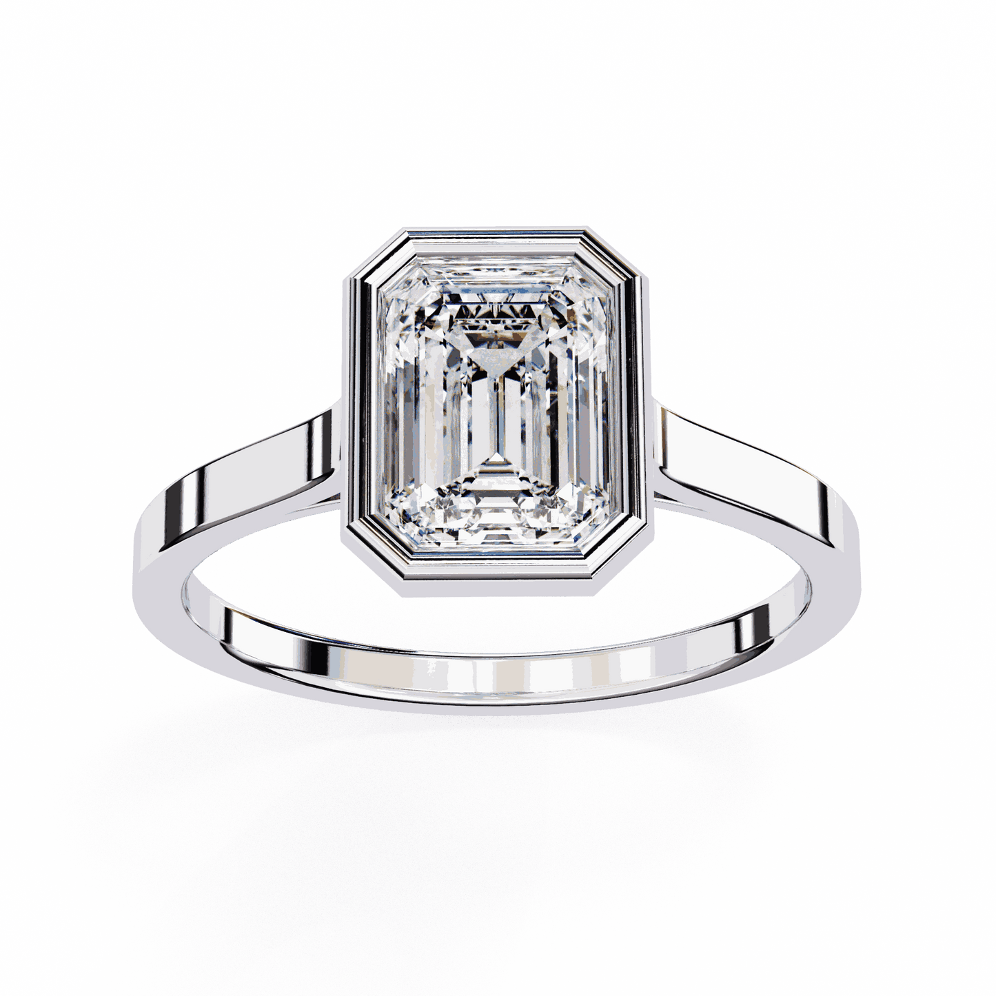 Emerald Cut Lab Grown Diamond Bezel Engagement Ring with Stepped Frame Detail