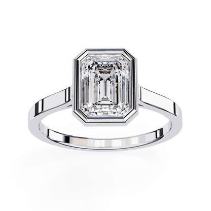 Emerald Cut Lab Grown Diamond Bezel Engagement Ring with Stepped Frame Detail