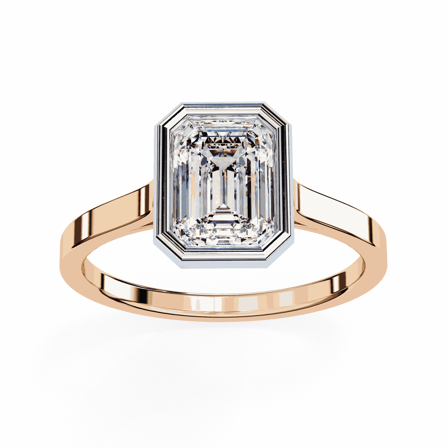 Emerald Cut Lab Grown Diamond Bezel Engagement Ring with Stepped Frame Detail