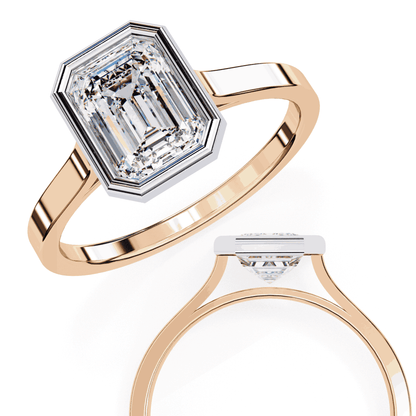 Emerald Cut Lab Grown Diamond Bezel Engagement Ring with Stepped Frame Detail