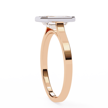 Emerald Cut Lab Grown Diamond Bezel Engagement Ring with Stepped Frame Detail