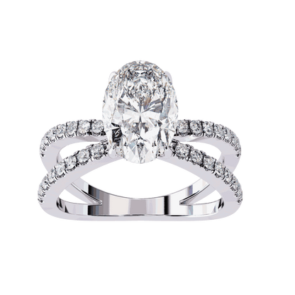 Oval Cut Lab Grown Diamond Pavé Engagement Ring with Crossover Hidden Halo