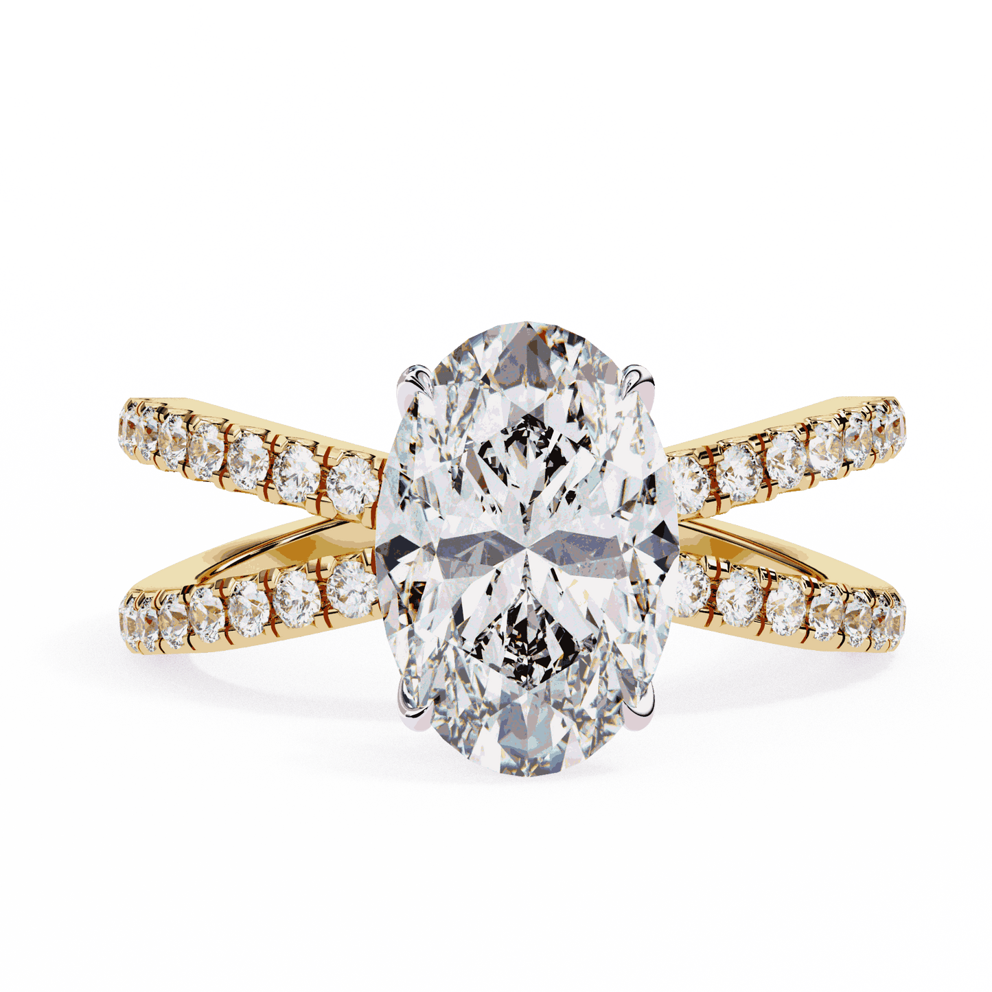 Oval Cut Lab Grown Diamond Pavé Engagement Ring with Crossover Hidden Halo