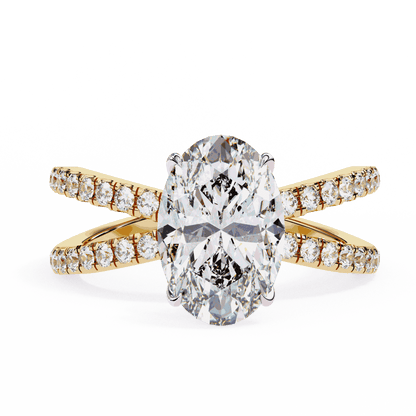 Oval Cut Lab Grown Diamond Pavé Engagement Ring with Crossover Hidden Halo