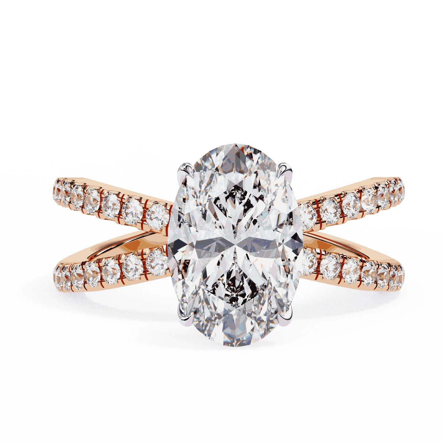 Oval Cut Lab Grown Diamond Pavé Engagement Ring with Crossover Hidden Halo