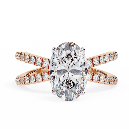 Oval Cut Lab Grown Diamond Pavé Engagement Ring with Crossover Hidden Halo