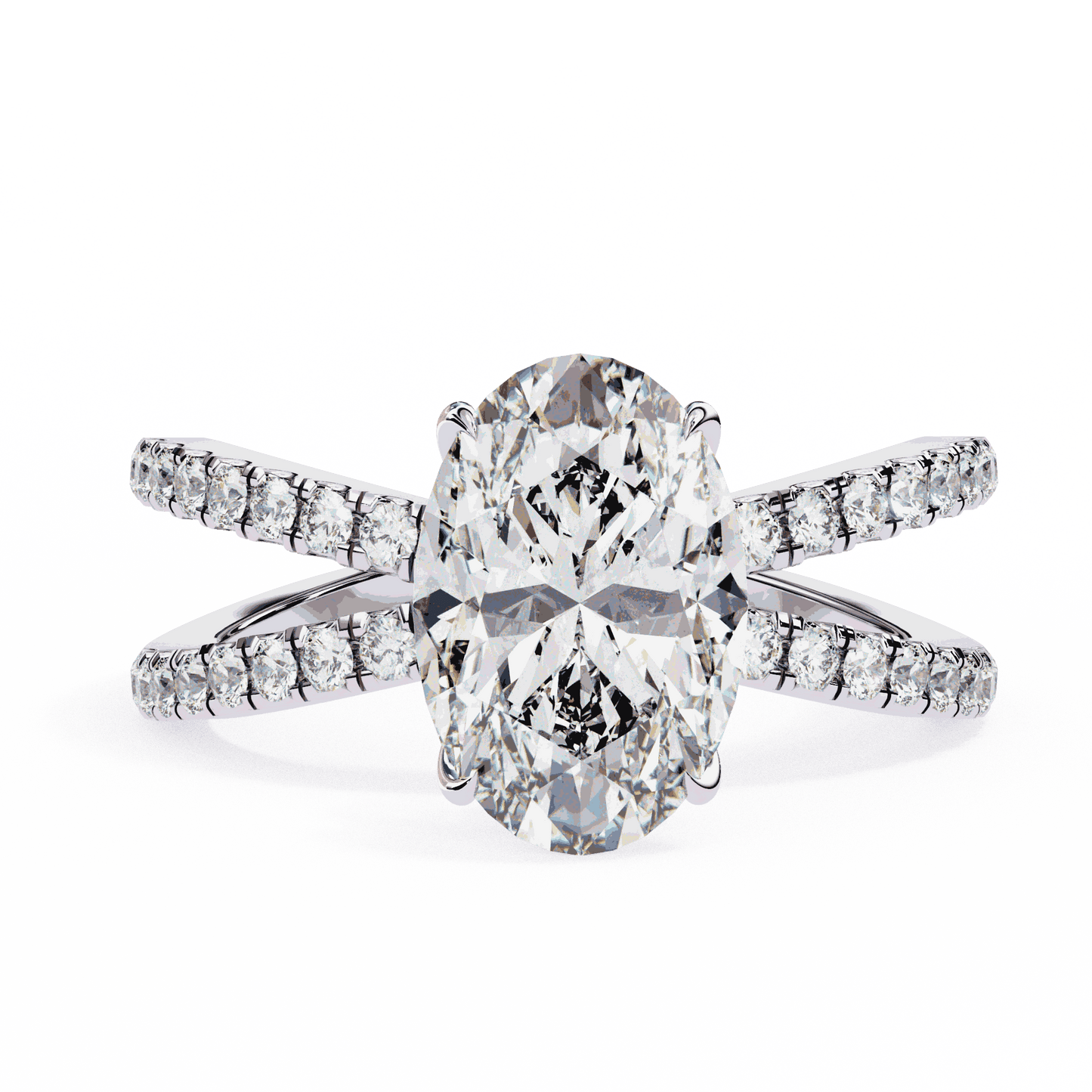 Oval Cut Lab Grown Diamond Pavé Engagement Ring with Crossover Hidden Halo