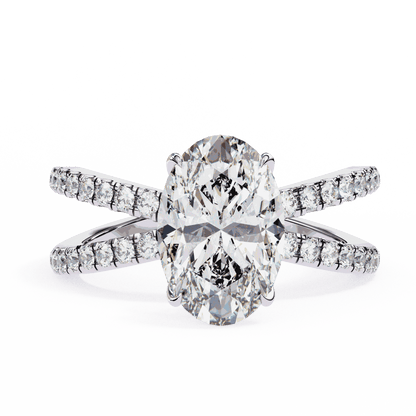 Oval Cut Lab Grown Diamond Pavé Engagement Ring with Crossover Hidden Halo