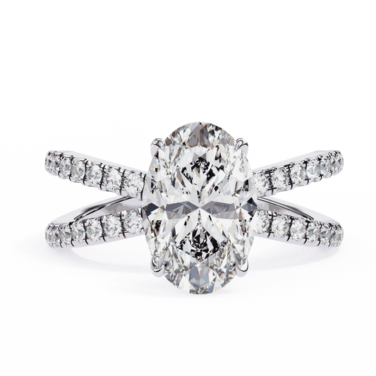 Oval Cut Lab Grown Diamond Pavé Engagement Ring with Crossover Hidden Halo