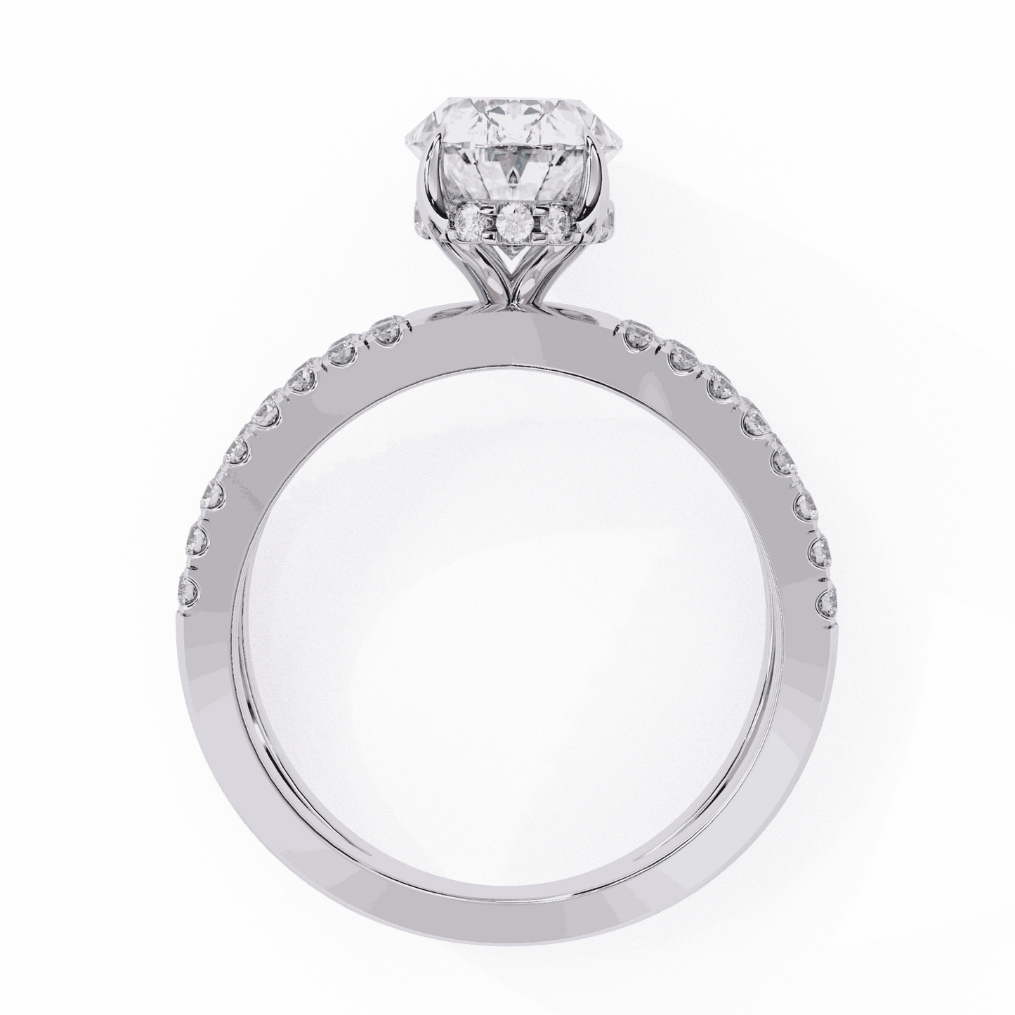 Oval Cut Lab Grown Diamond Pavé Engagement Ring with Crossover Hidden Halo