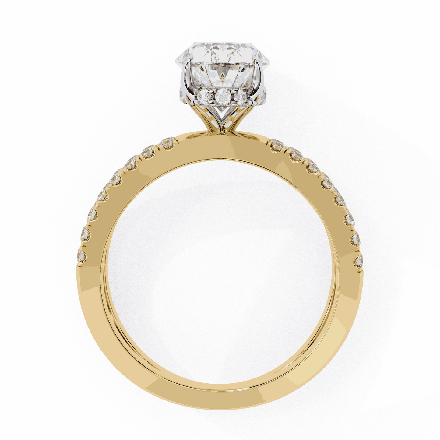 Oval Cut Lab Grown Diamond Pavé Engagement Ring with Crossover Hidden Halo