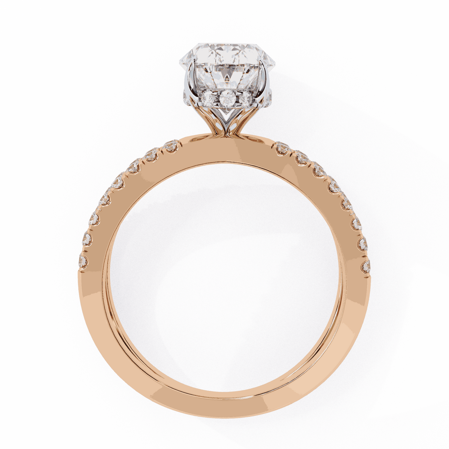 Oval Cut Lab Grown Diamond Pavé Engagement Ring with Crossover Hidden Halo