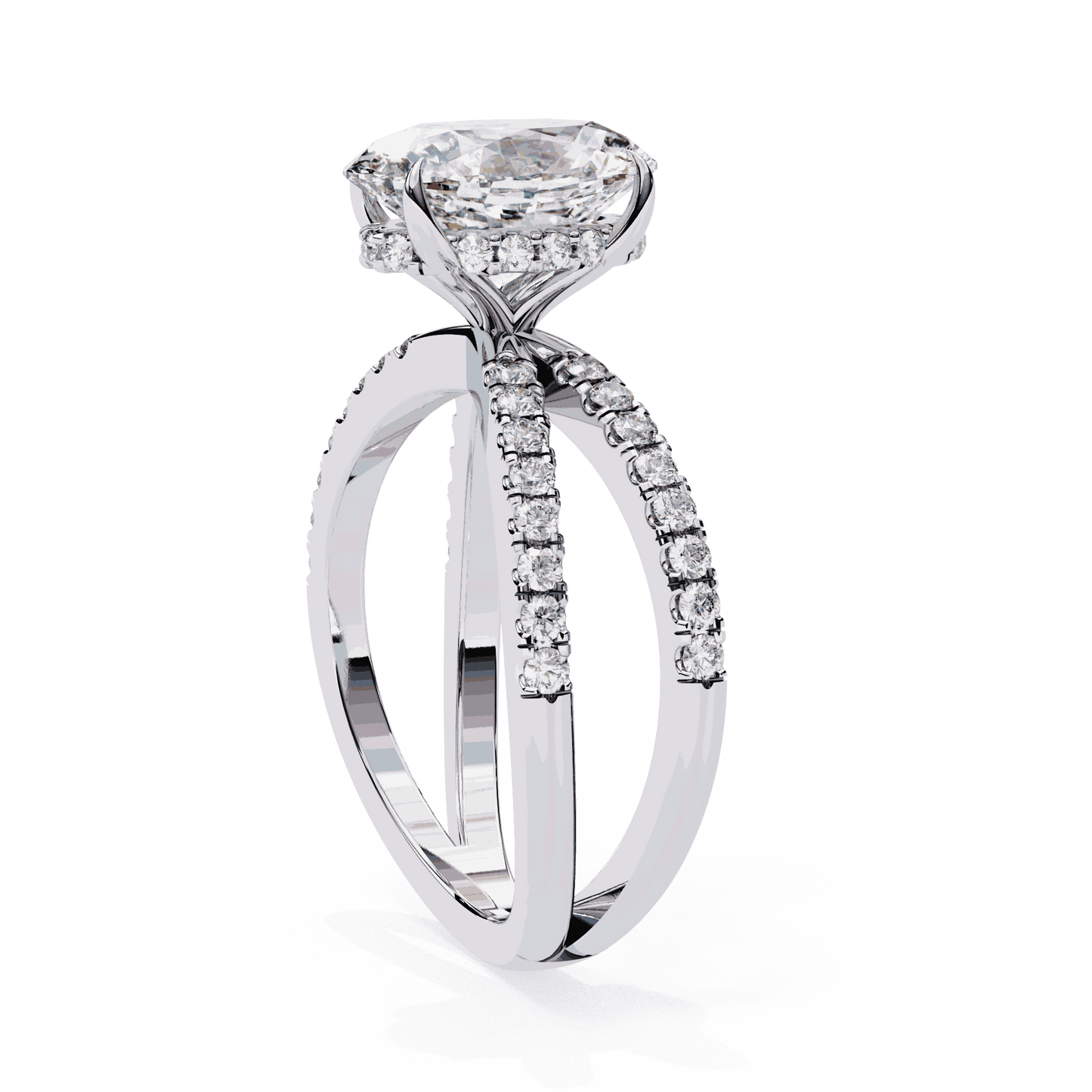 Oval Cut Lab Grown Diamond Pavé Engagement Ring with Crossover Hidden Halo