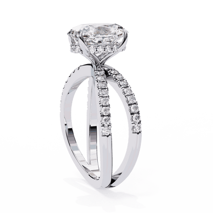Oval Cut Lab Grown Diamond Pavé Engagement Ring with Crossover Hidden Halo