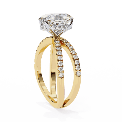 Oval Cut Lab Grown Diamond Pavé Engagement Ring with Crossover Hidden Halo
