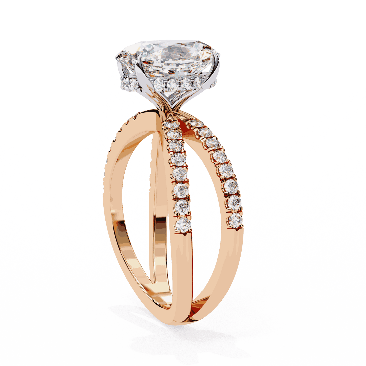 Oval Cut Lab Grown Diamond Pavé Engagement Ring with Crossover Hidden Halo