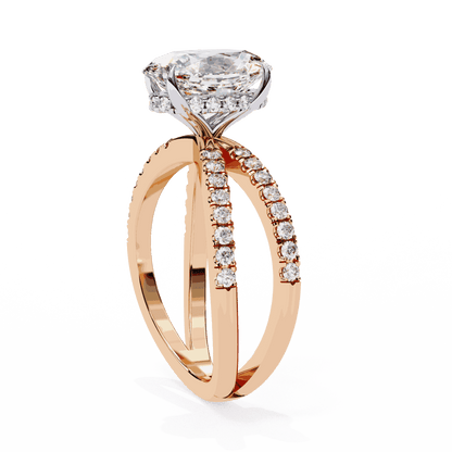 Oval Cut Lab Grown Diamond Pavé Engagement Ring with Crossover Hidden Halo