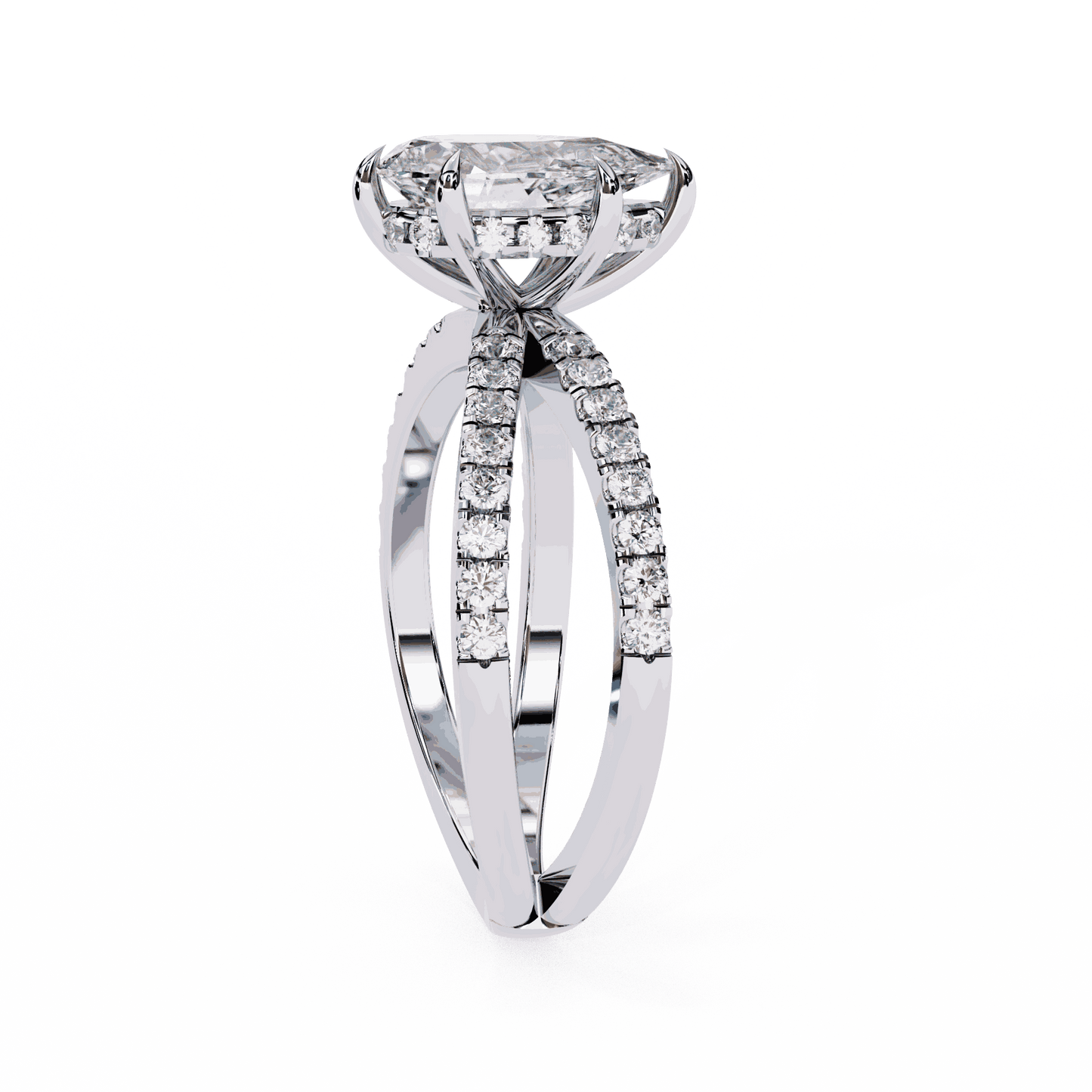 Pear Cut Lab Grown Diamond Side Stone Engagement Ring with Pavé Crossover Shank
