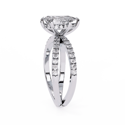 Pear Cut Lab Grown Diamond Side Stone Engagement Ring with Pavé Crossover Shank