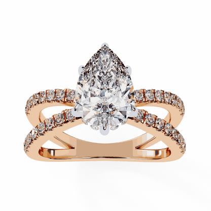 Pear Cut Lab Grown Diamond Side Stone Engagement Ring with Pavé Crossover Shank