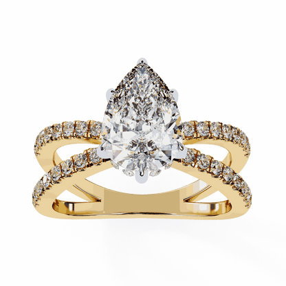 Pear Cut Lab Grown Diamond Side Stone Engagement Ring with Pavé Crossover Shank