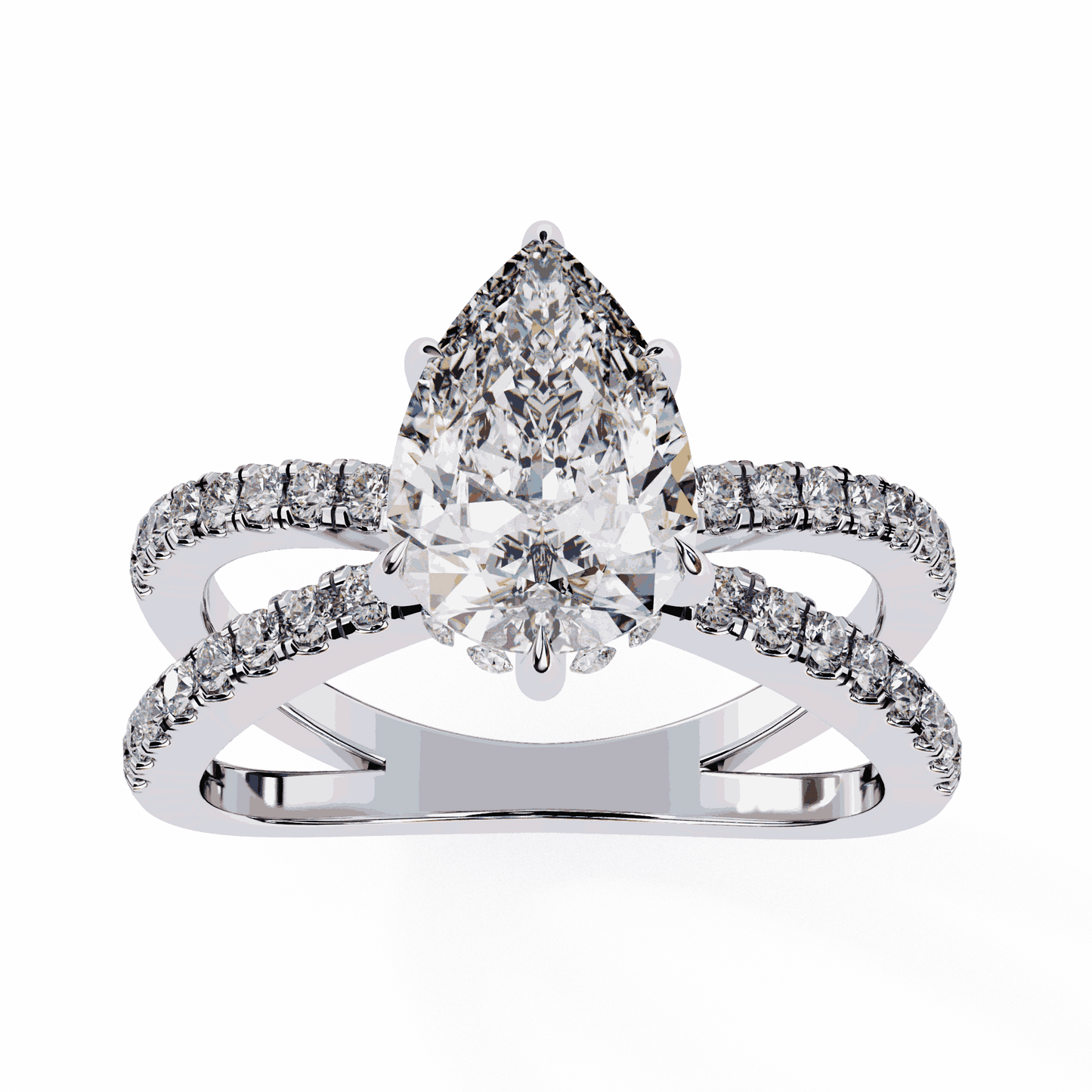 Pear Cut Lab Grown Diamond Side Stone Engagement Ring with Pavé Crossover Shank