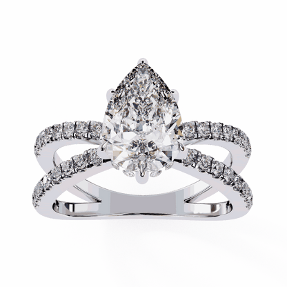 Pear Cut Lab Grown Diamond Side Stone Engagement Ring with Pavé Crossover Shank