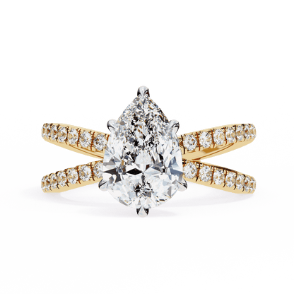Pear Cut Lab Grown Diamond Side Stone Engagement Ring with Pavé Crossover Shank