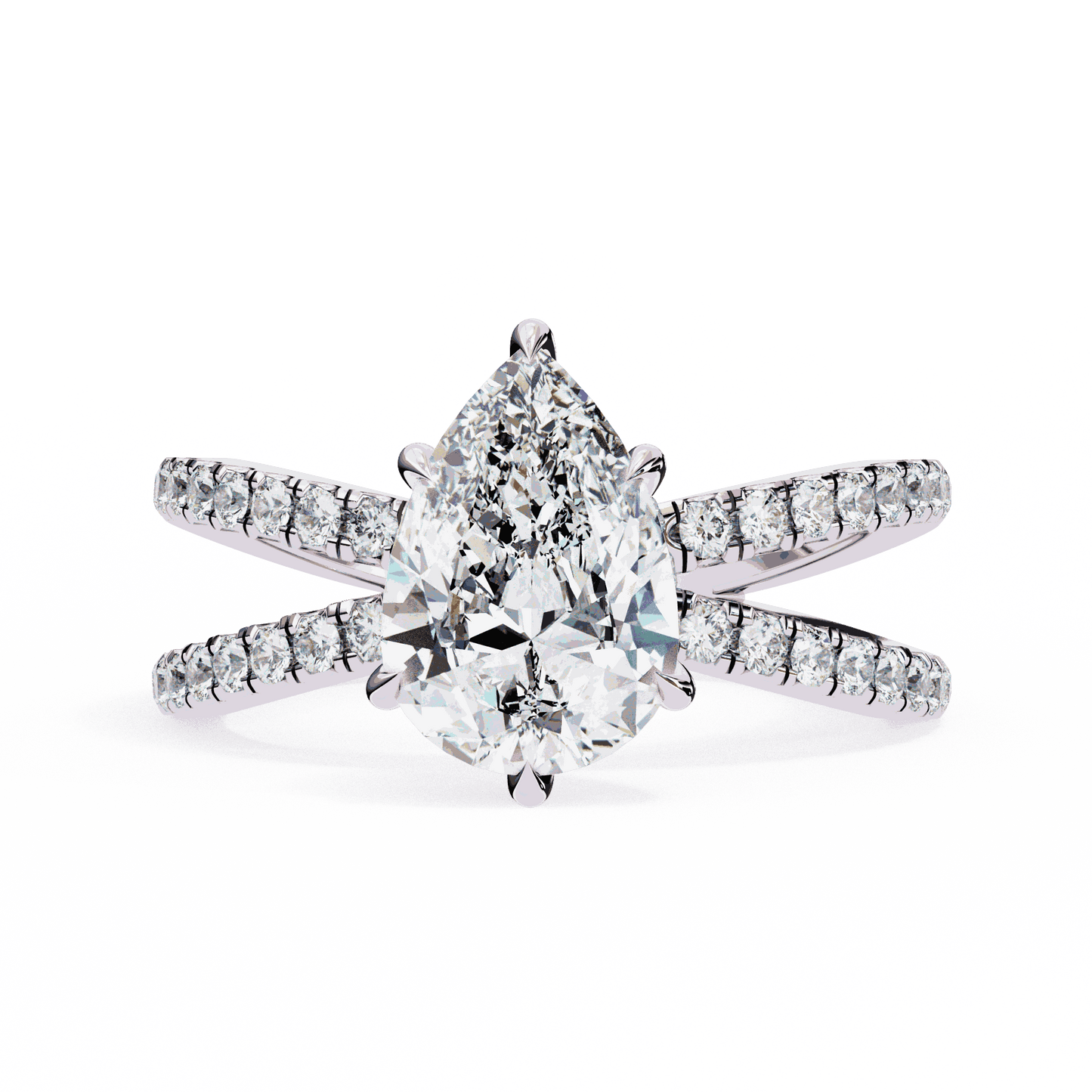 Pear Cut Lab Grown Diamond Side Stone Engagement Ring with Pavé Crossover Shank