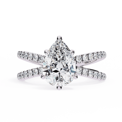 Pear Cut Lab Grown Diamond Side Stone Engagement Ring with Pavé Crossover Shank