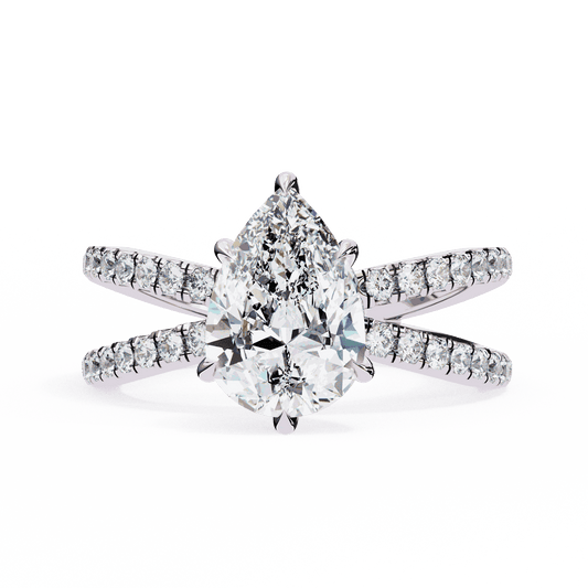Pear Cut Lab Grown Diamond Side Stone Engagement Ring with Pavé Crossover Shank
