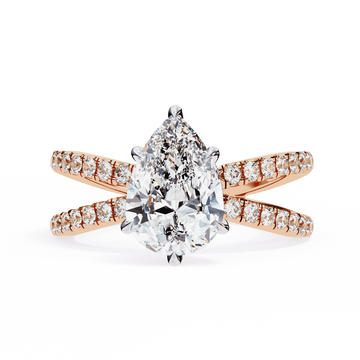 Pear Cut Lab Grown Diamond Side Stone Engagement Ring with Pavé Crossover Shank
