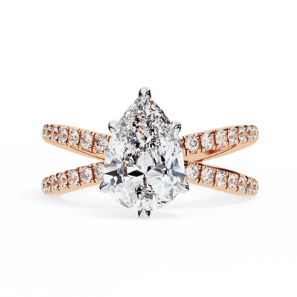 Pear Cut Lab Grown Diamond Side Stone Engagement Ring with Pavé Crossover Shank