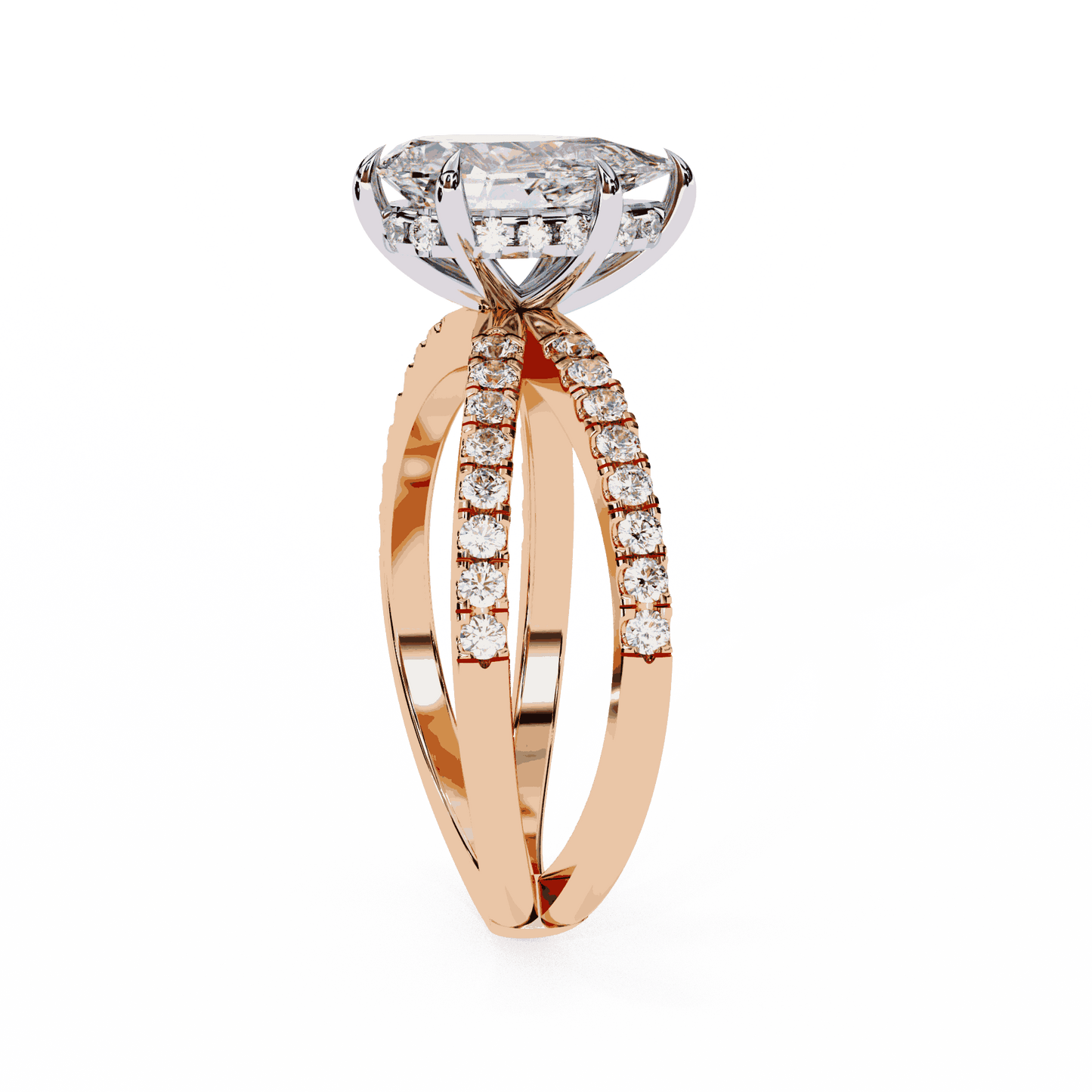 Pear Cut Lab Grown Diamond Side Stone Engagement Ring with Pavé Crossover Shank
