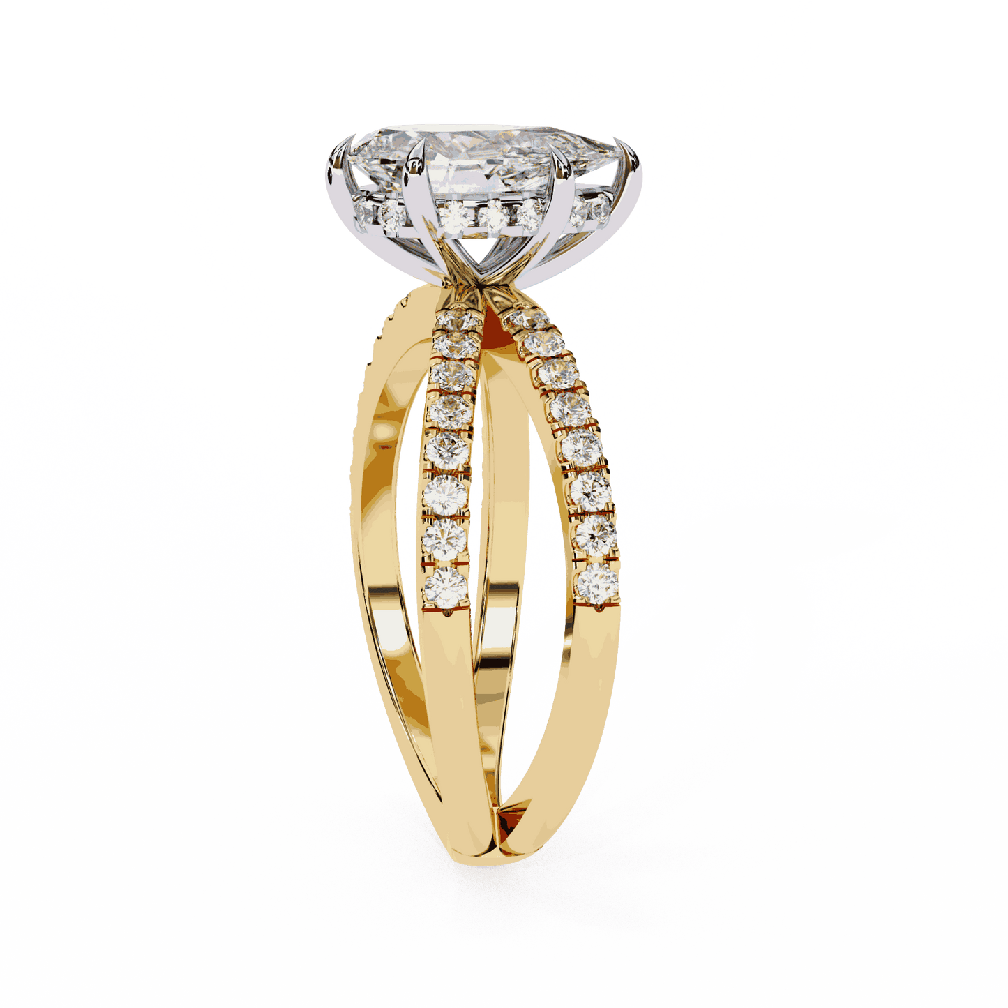 Pear Cut Lab Grown Diamond Side Stone Engagement Ring with Pavé Crossover Shank