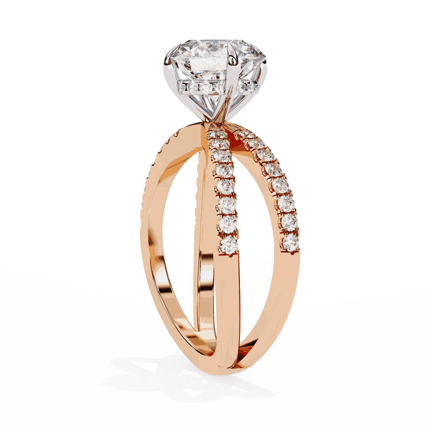 Round Cut Lab Grown Diamond Side Stone Engagement Ring with Pavé Crossover Shank