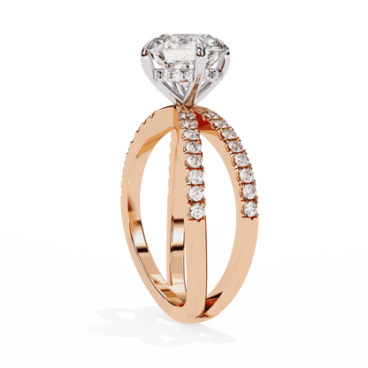 Round Cut Lab Grown Diamond Side Stone Engagement Ring with Pavé Crossover Shank