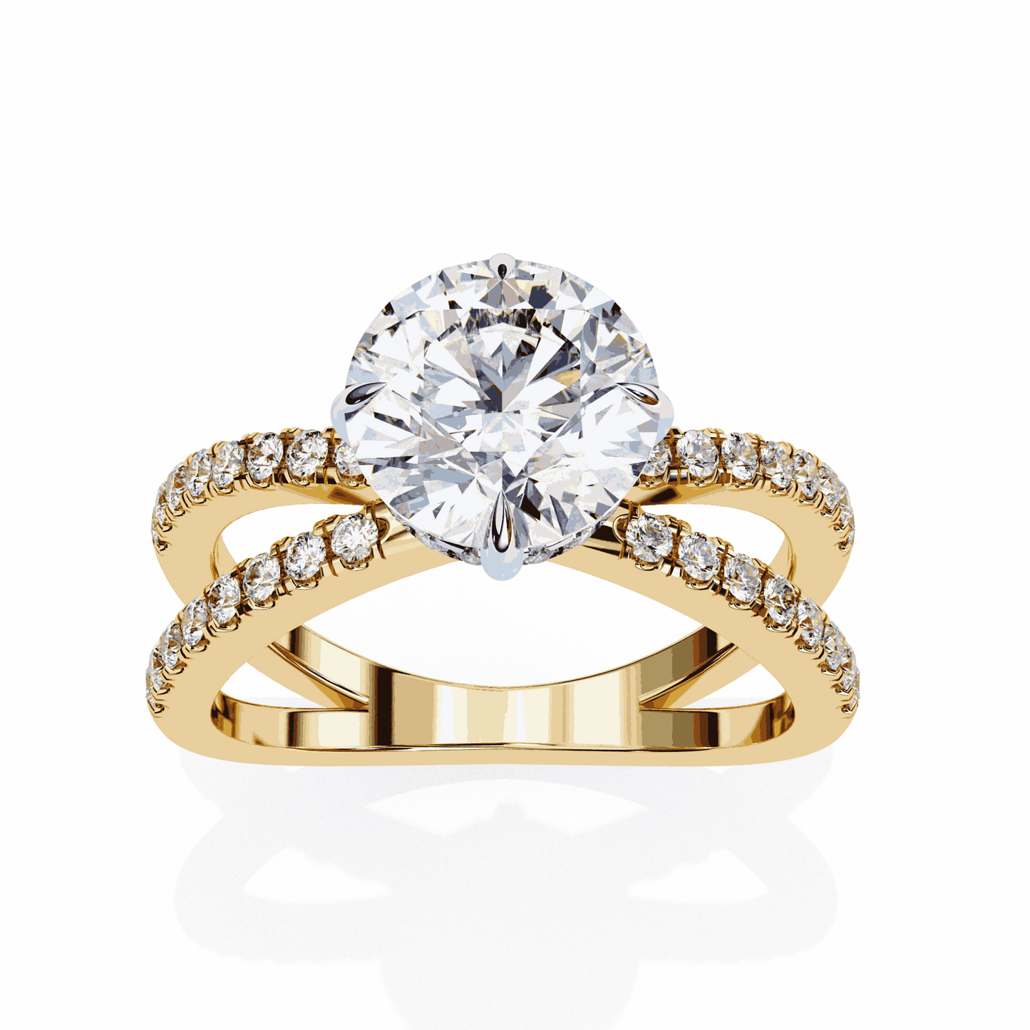 Round Cut Lab Grown Diamond Side Stone Engagement Ring with Pavé Crossover Shank