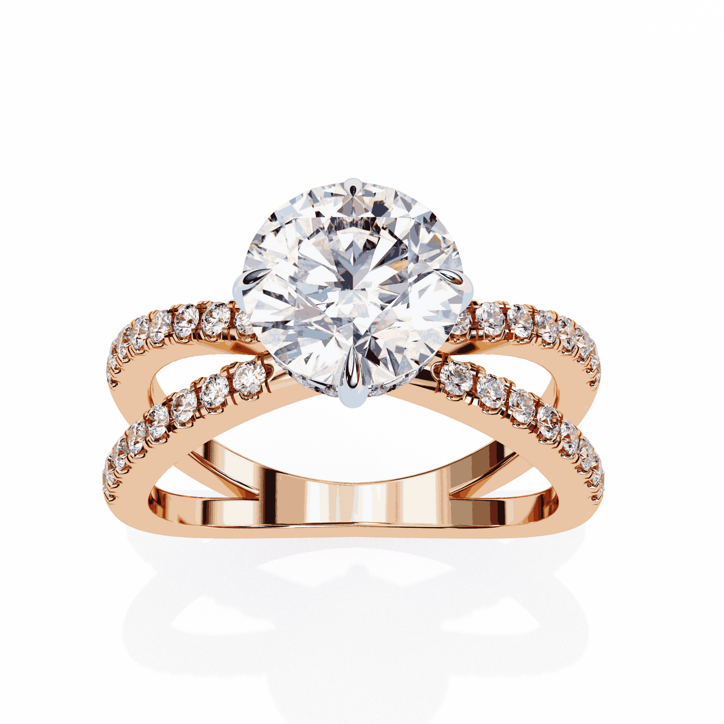 Round Cut Lab Grown Diamond Side Stone Engagement Ring with Pavé Crossover Shank