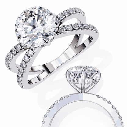 Round Cut Lab Grown Diamond Side Stone Engagement Ring with Pavé Crossover Shank