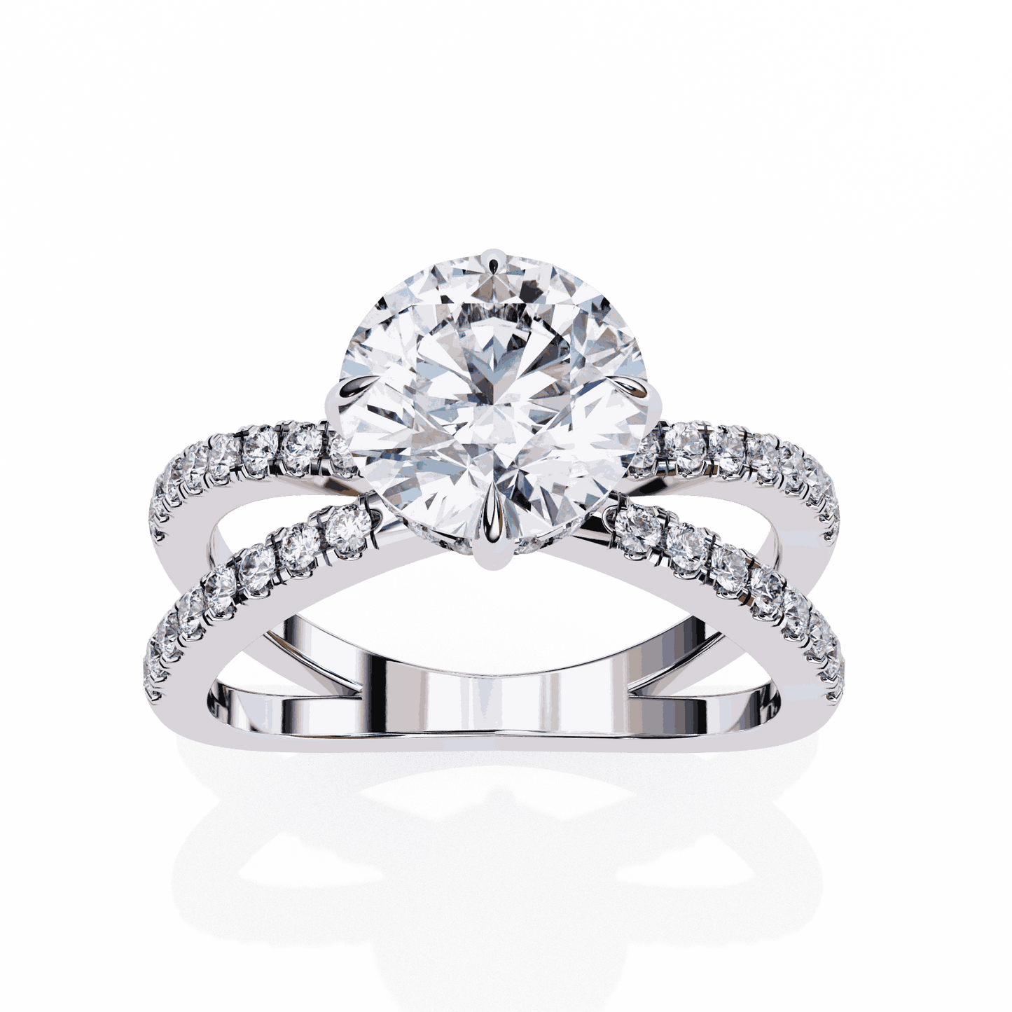 Round Cut Lab Grown Diamond Side Stone Engagement Ring with Pavé Crossover Shank