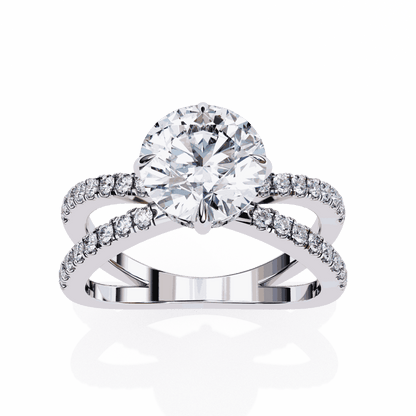 Round Cut Lab Grown Diamond Side Stone Engagement Ring with Pavé Crossover Shank