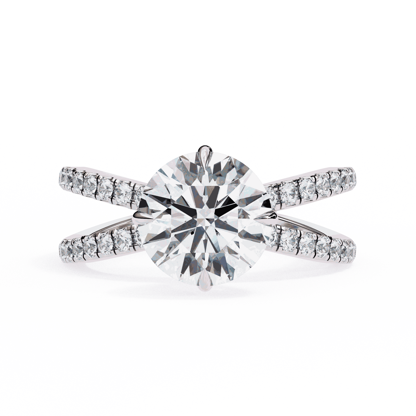 Round Cut Lab Grown Diamond Side Stone Engagement Ring with Pavé Crossover Shank