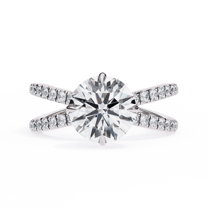 Round Cut Lab Grown Diamond Side Stone Engagement Ring with Pavé Crossover Shank