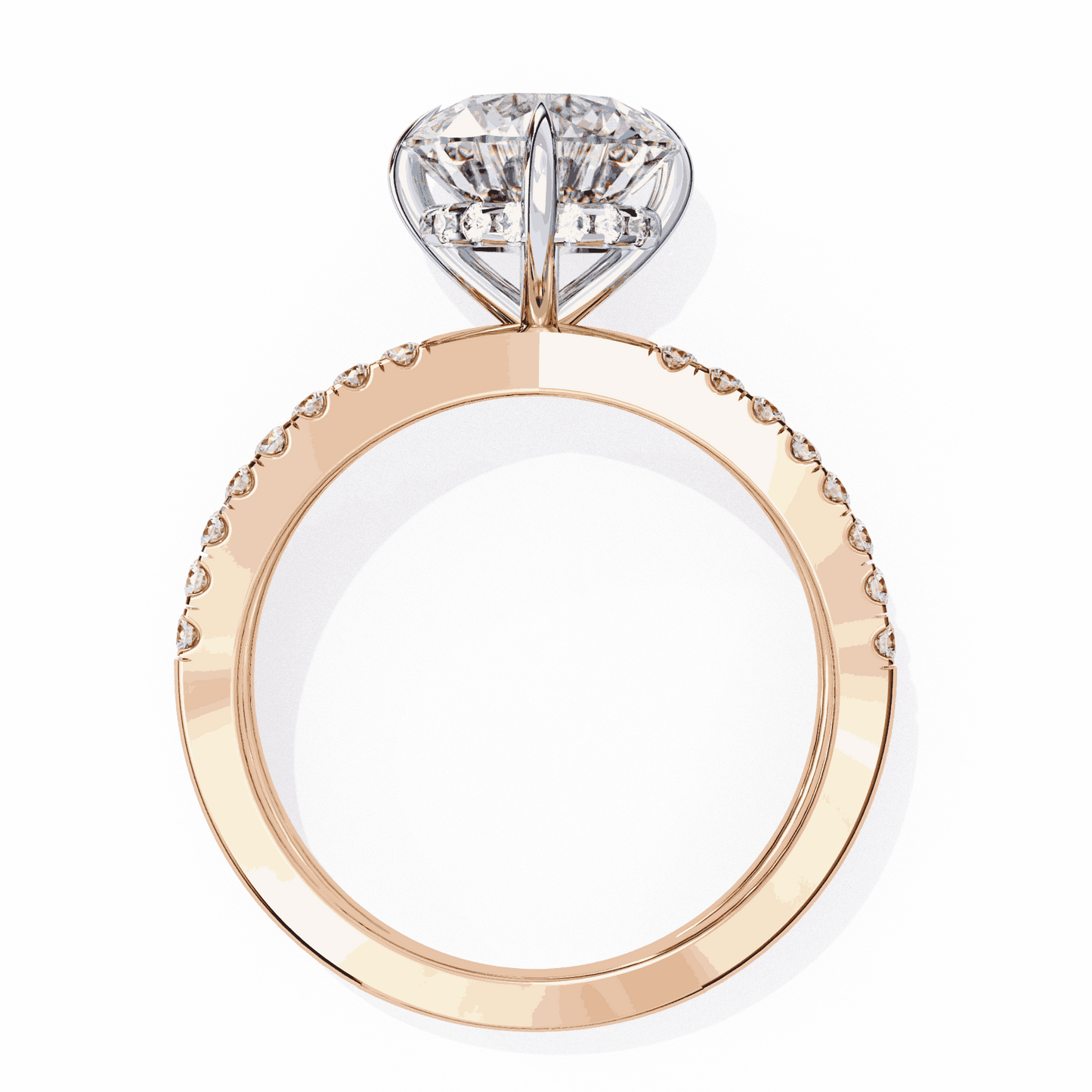Round Cut Lab Grown Diamond Side Stone Engagement Ring with Pavé Crossover Shank