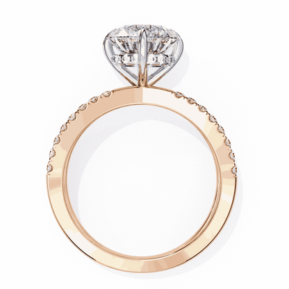 Round Cut Lab Grown Diamond Side Stone Engagement Ring with Pavé Crossover Shank